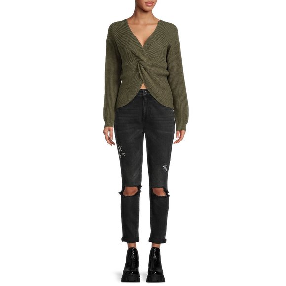 New Juniors 13 Black Jeans  Super High Rise Destructed Embroidered Stars - Picture 2 of 14